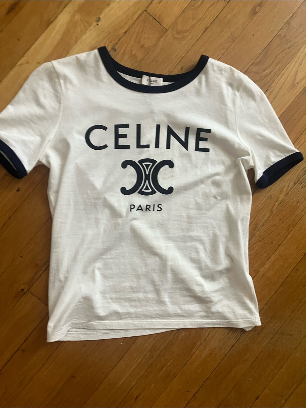 Celine White Tee with Navy Logo and Trim